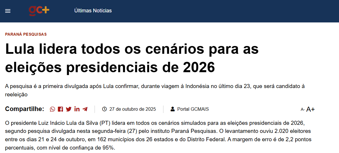 GC Mais pesquisa realizada pela Paraná Pesquisas.