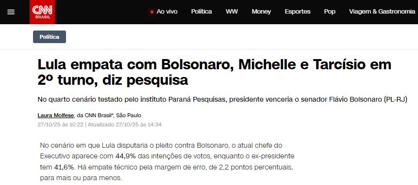 CNN Brasil pesquisa realizada pela Paraná Pesquisas.