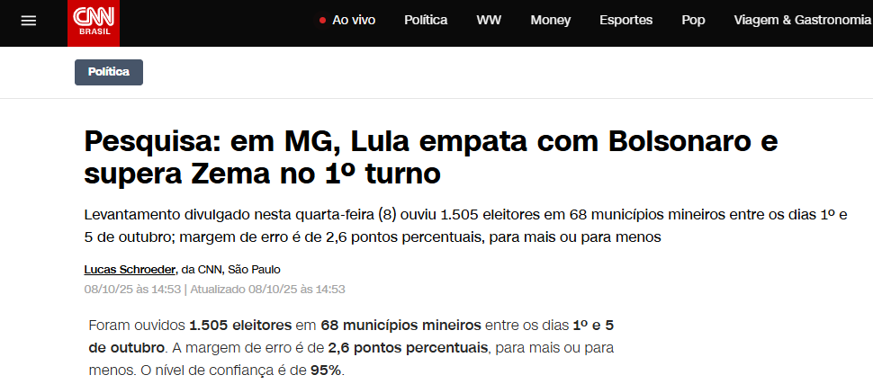CNN Brasil cita pesquisa realizada pela Paraná Pesquisas no Estado de Minas Gerais.