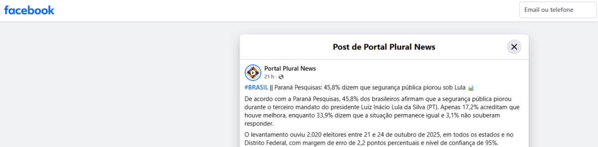 Portal Plural News pesquisa realizada pela Paraná Pesquisas. 2 Portal Plural News pesquisa realizada pela Paraná Pesquisas.