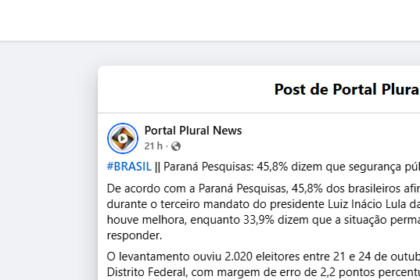 Portal Plural News pesquisa realizada pela Paraná Pesquisas.