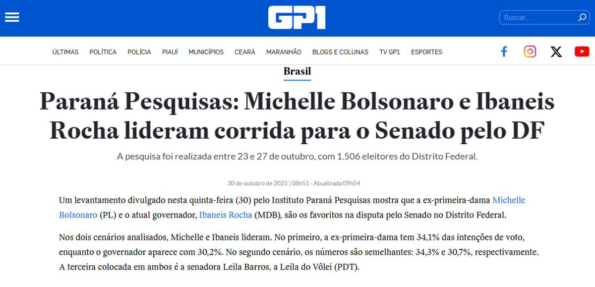 GP1 cita pesquisa realizada pela Paraná Pesquisas no Distrito Federal. 2 GP1 cita pesquisa realizada pela Paraná Pesquisas no Distrito Federal.