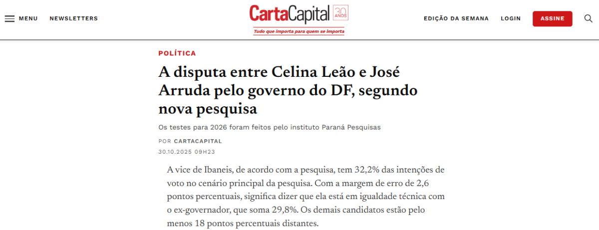 Carta Capital cita pesquisa realizada pela Paraná Pesquisas no Distrito Federal.