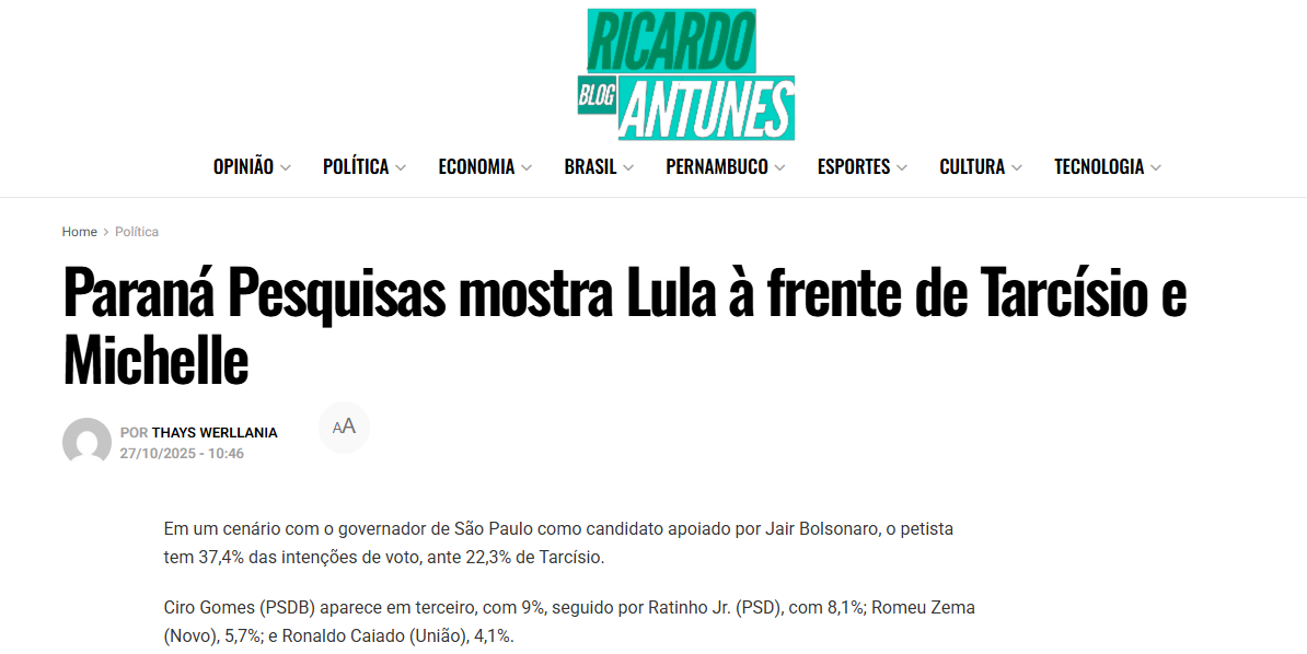 Blog Ricardo Antunes pesquisa realizada pela Paraná Pesquisas.
