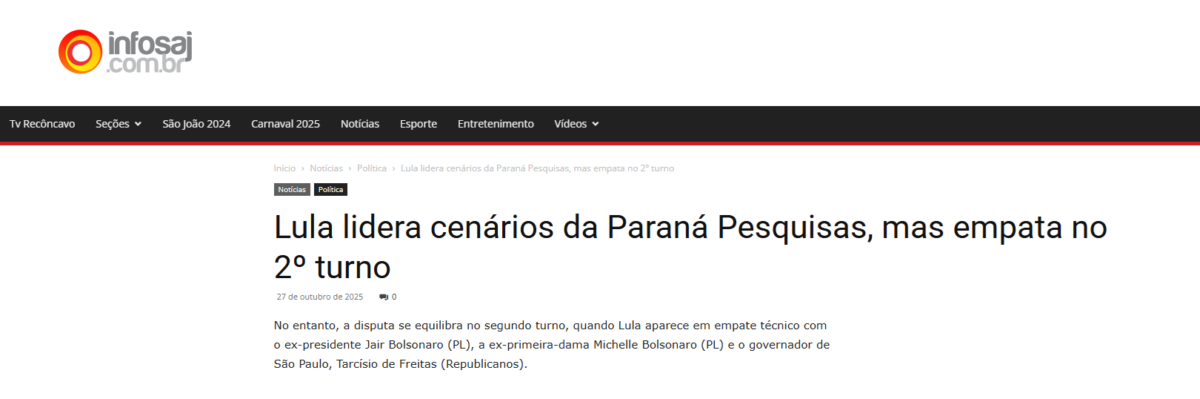 Infosaj pesquisa realizada pela Paraná Pesquisas.