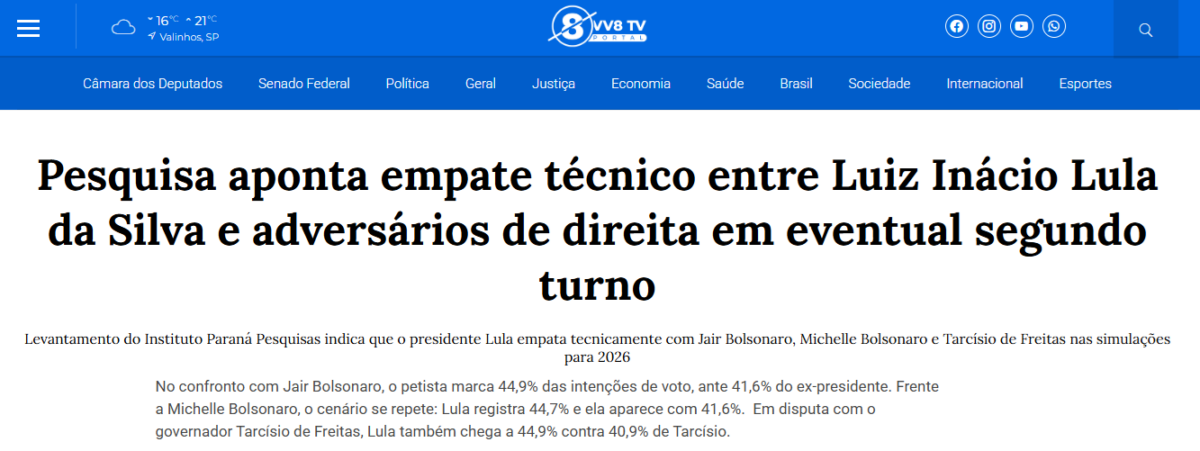 Portal VV8 pesquisa realizada pela Paraná Pesquisas.