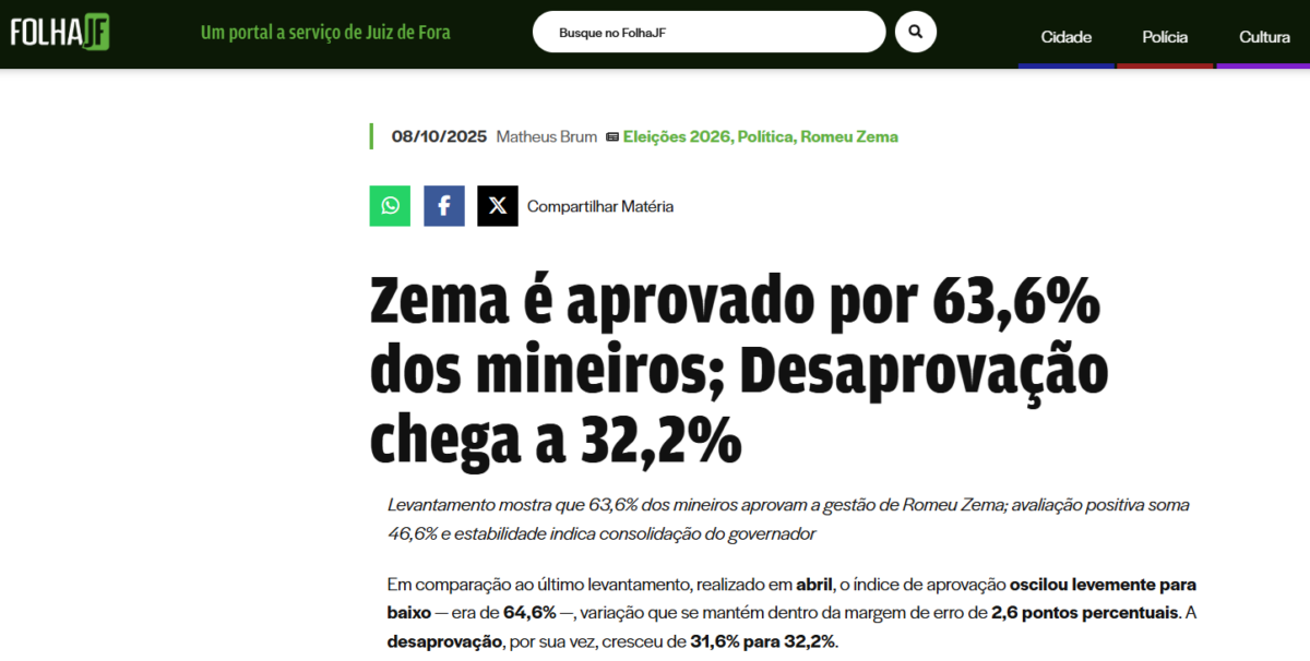 Folha JF cita pesquisa realizada pela Paraná Pesquisas no Estado de Minas Gerais. 2 Folha JF cita pesquisa realizada pela Paraná Pesquisas no Estado de Minas Gerais.
