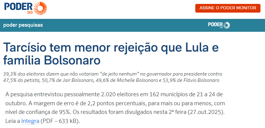 Poder 360 pesquisa realizada pela Paraná Pesquisas.