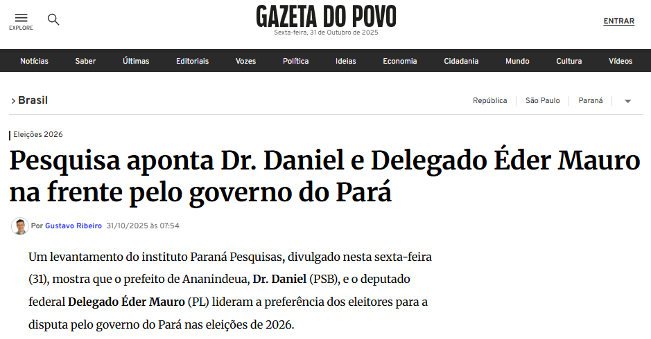 Gazeta do Povo pesquisa realizada pela Paraná Pesquisas no Estado do Pará.