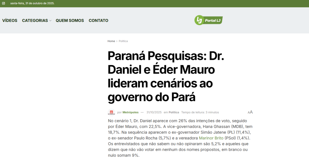 Portal LJ pesquisa realizada pela Paraná Pesquisas no Estado do Pará.