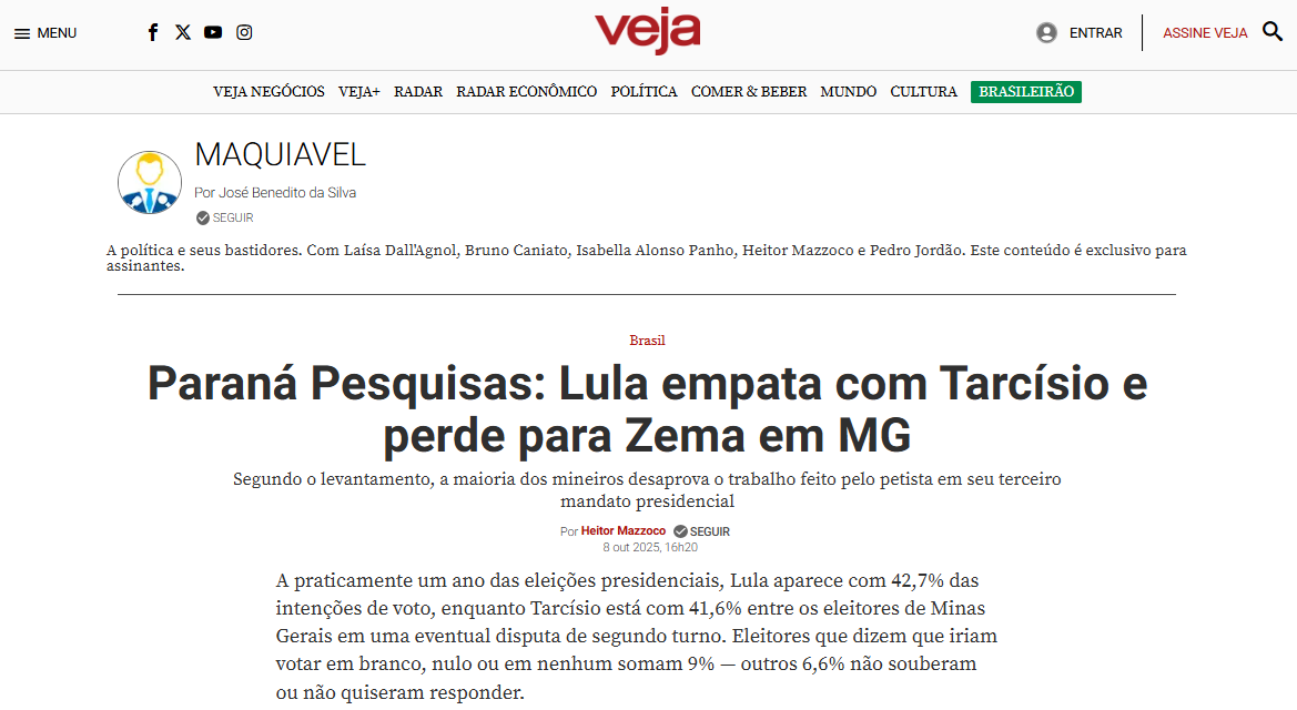 Veja cita pesquisa realizada pela Paraná Pesquisas no Estado de Minas Gerais.