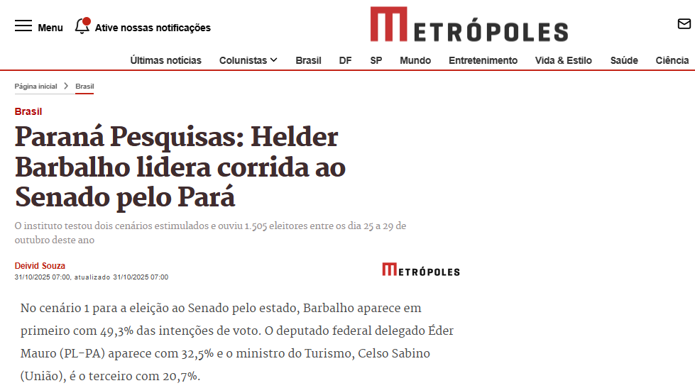 Metrópoles pesquisa realizada pela Paraná Pesquisas no Estado do Pará. 2 Metrópoles pesquisa realizada pela Paraná Pesquisas no Estado do Pará.