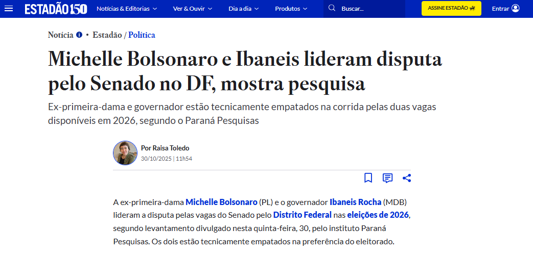 Estadão cita pesquisa realizada pela Paraná Pesquisas no Distrito Federal.