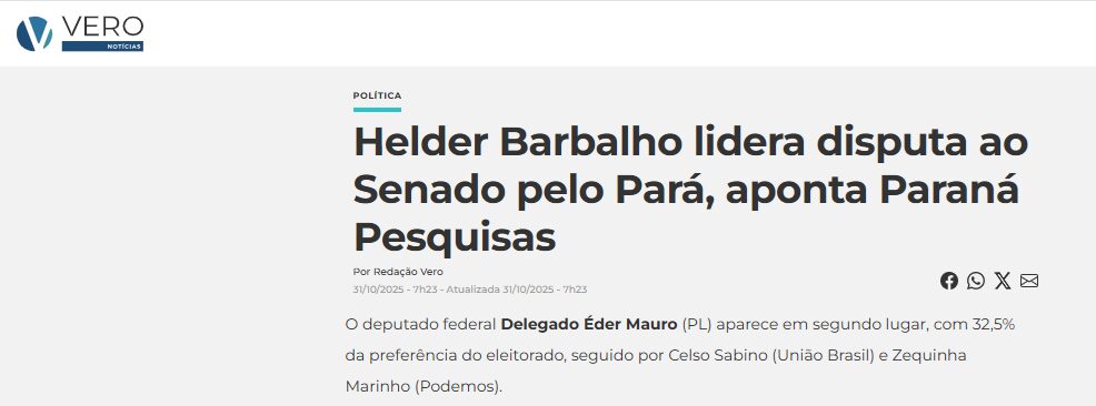 Vero Notícias pesquisa realizada pela Paraná Pesquisas no Estado do Pará.