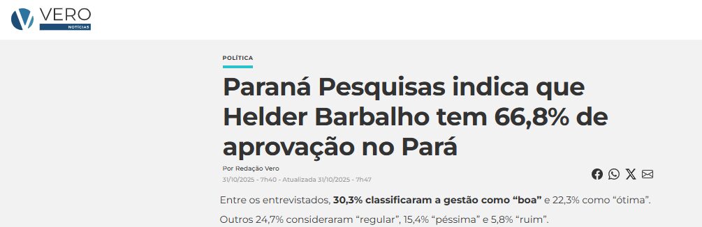 Vero Notícias pesquisa realizada pela Paraná Pesquisas no Estado do Pará.