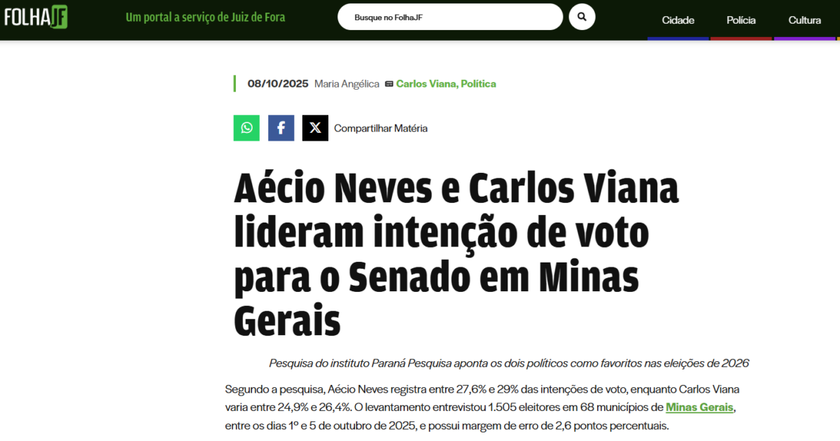 Folha JF cita pesquisa realizada pela Paraná Pesquisas no Estado de Minas Gerais. 2 Folha JF cita pesquisa realizada pela Paraná Pesquisas no Estado de Minas Gerais.