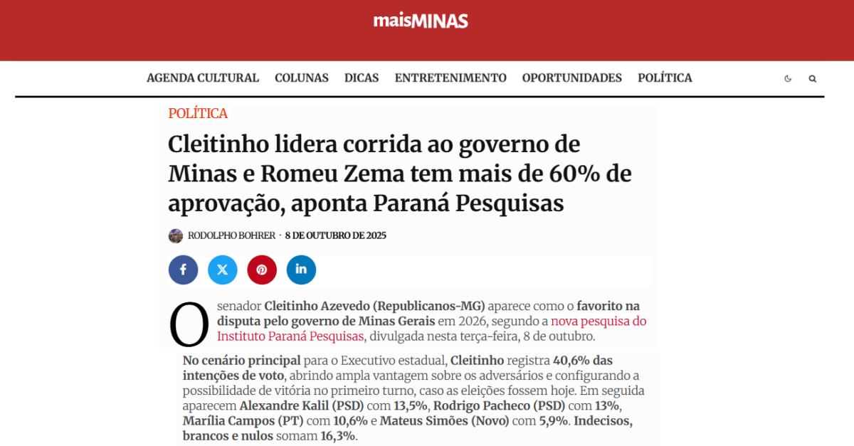 Mais Minas cita pesquisa realizada pela Paraná Pesquisas no Estado de Minas Gerais.