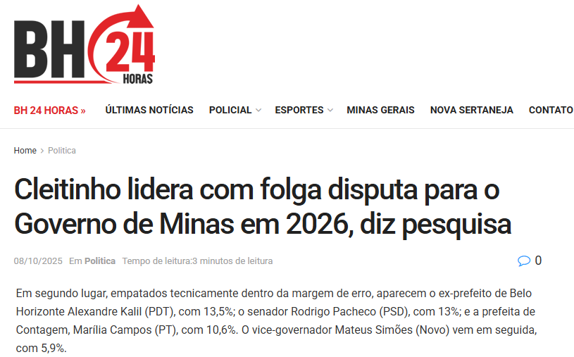 BH 24Horas cita pesquisa realizada pela Paraná Pesquisas no Estado de Minas Gerais.
