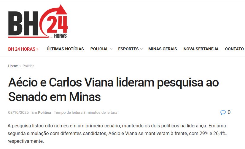 BH 24Horas cita pesquisa realizada pela Paraná Pesquisas no Estado de Minas Gerais.