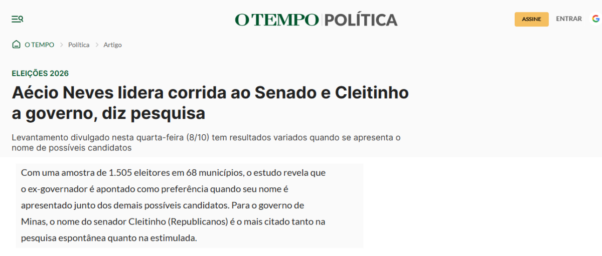 O Tempo cita pesquisa realizada pela Paraná Pesquisas no Estado de Minas Gerais.