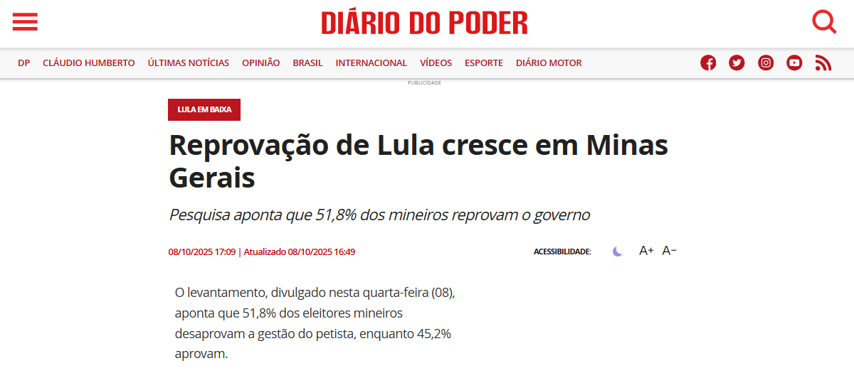 Diário do Poder cita pesquisa realizada pela Paraná Pesquisas no Estado de Minas Gerais.