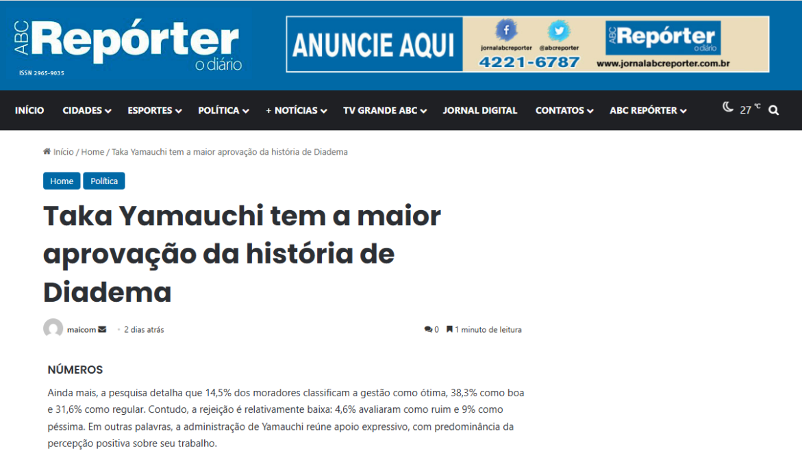 ABC Repórter cita pesquisa realizada pela Paraná Pesquisas no Município de Diadema.