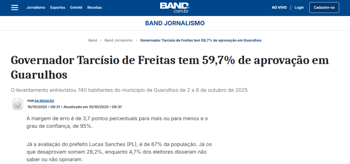 Band cita pesquisa realizada pela Paraná Pesquisas no Município de Guarulhos.
