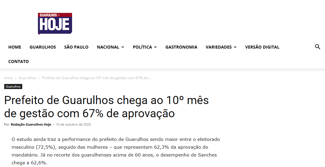 Guarulhos Hoje cita pesquisa realizada pela Paraná Pesquisas no Município de Guarulhos.