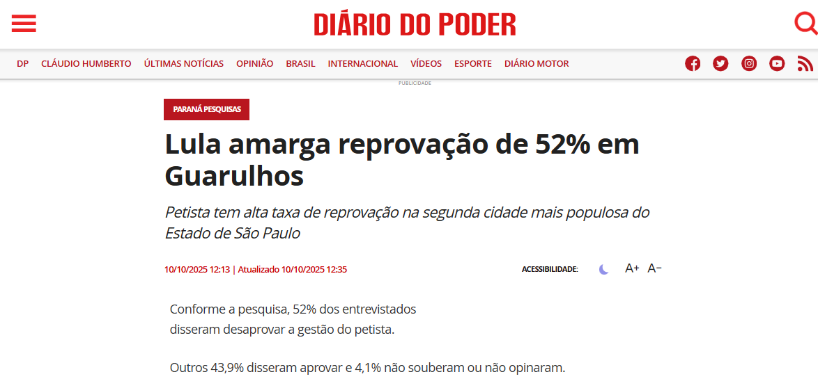 Diário do Poder cita pesquisa realizada pela Paraná Pesquisas no Município de Guarulhos. 2 Diário do Poder cita pesquisa realizada pela Paraná Pesquisas no Município de Guarulhos.