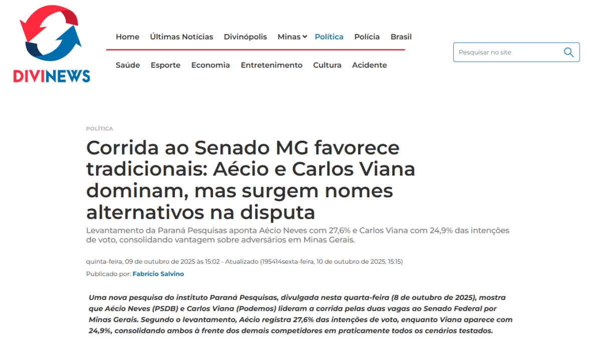 Divi News cita pesquisa realizada pela Paraná Pesquisas no Estado de Minas Gerais. 2 Divi News cita pesquisa realizada pela Paraná Pesquisas no Estado de Minas Gerais.