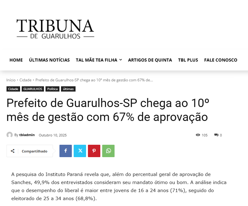 Tribuna de Guarulhos cita pesquisa realizada pela Paraná Pesquisas no Município de Guarulhos.