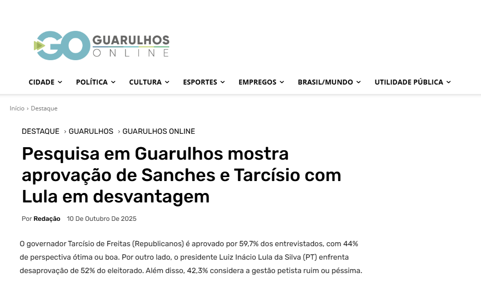 Guarulhos Online cita pesquisa realizada pela Paraná Pesquisas no Município de Guarulhos. 2 Guarulhos Online cita pesquisa realizada pela Paraná Pesquisas no Município de Guarulhos.
