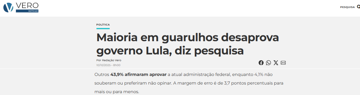 Vero Notícias cita pesquisa realizada pela Paraná Pesquisas no Município de Guarulhos.