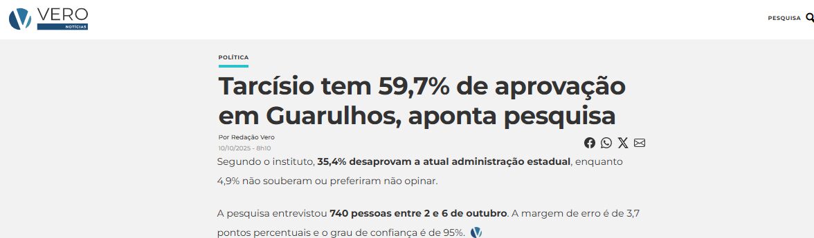 Vero Notícias cita pesquisa realizada pela Paraná Pesquisas no Município de Guarulhos. 2 Vero Notícias cita pesquisa realizada pela Paraná Pesquisas no Município de Guarulhos.