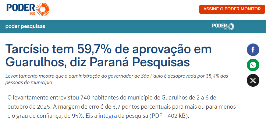 Poder 360 cita pesquisa realizada pela Paraná Pesquisas no Município de Guarulhos.