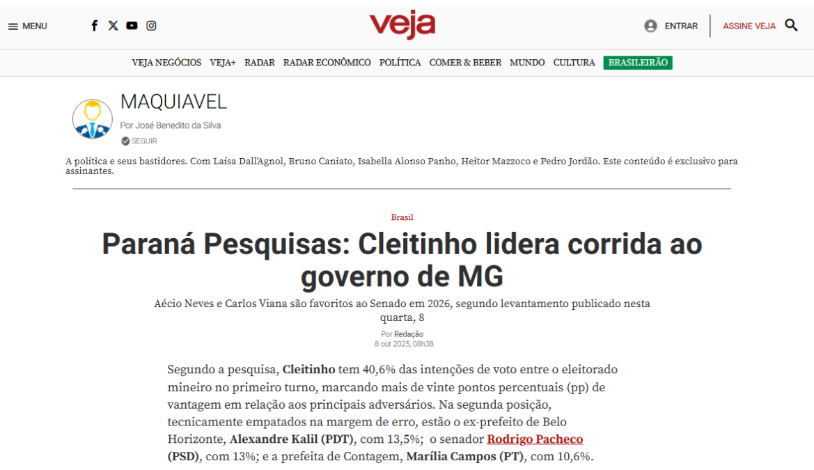 Veja cita pesquisa realizada pela Paraná Pesquisas no Estado de Minas Gerais.