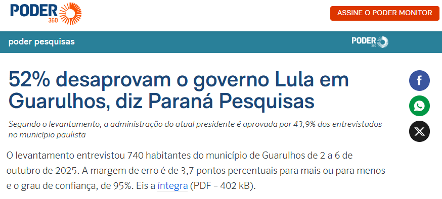Poder 360 cita pesquisa realizada pela Paraná Pesquisas no Município de Guarulhos.
