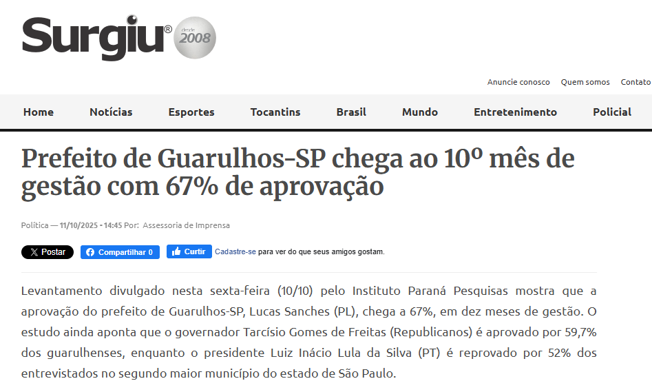 Portal Surgiu cita pesquisa realizada pela Paraná Pesquisas no Município de Guarulhos.