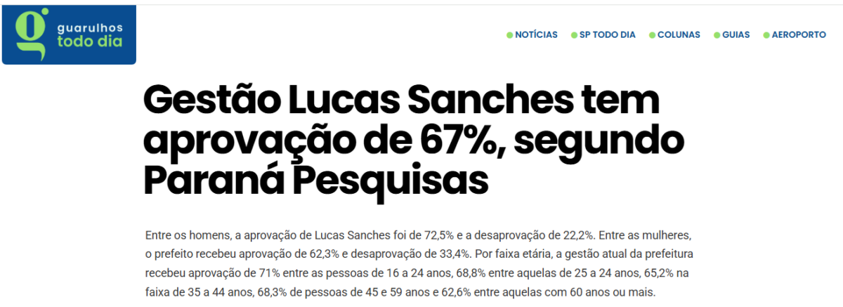 Guarulhos Todo Dia cita pesquisa realizada pela Paraná Pesquisas no Município de Guarulhos. 2 Guarulhos Todo Dia cita pesquisa realizada pela Paraná Pesquisas no Município de Guarulhos.