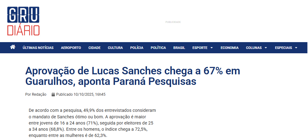 GRU Diário cita pesquisa realizada pela Paraná Pesquisas no Município de Guarulhos. 2 GRU Diário cita pesquisa realizada pela Paraná Pesquisas no Município de Guarulhos.