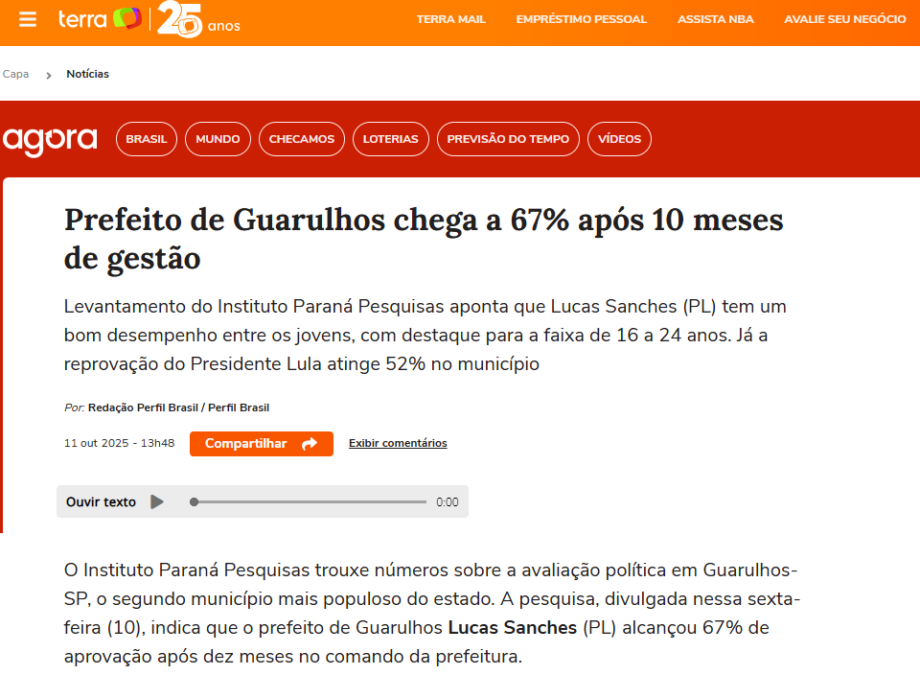 Portal Terra cita pesquisa realizada pela Paraná Pesquisas no Município de Guarulhos. 2 Portal Terra cita pesquisa realizada pela Paraná Pesquisas no Município de Guarulhos.