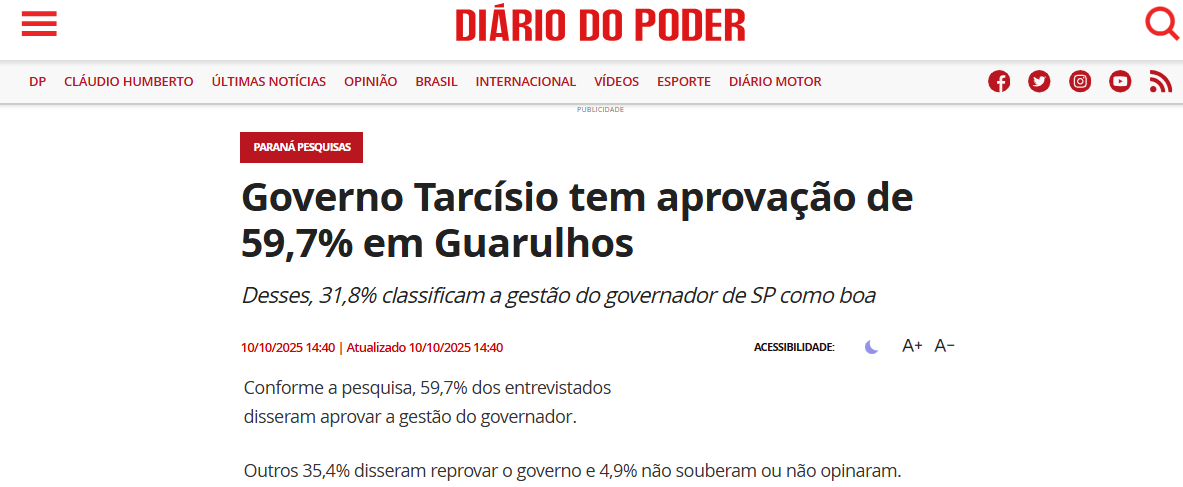 Diário do Poder cita pesquisa realizada pela Paraná Pesquisas no Município de Guarulhos.