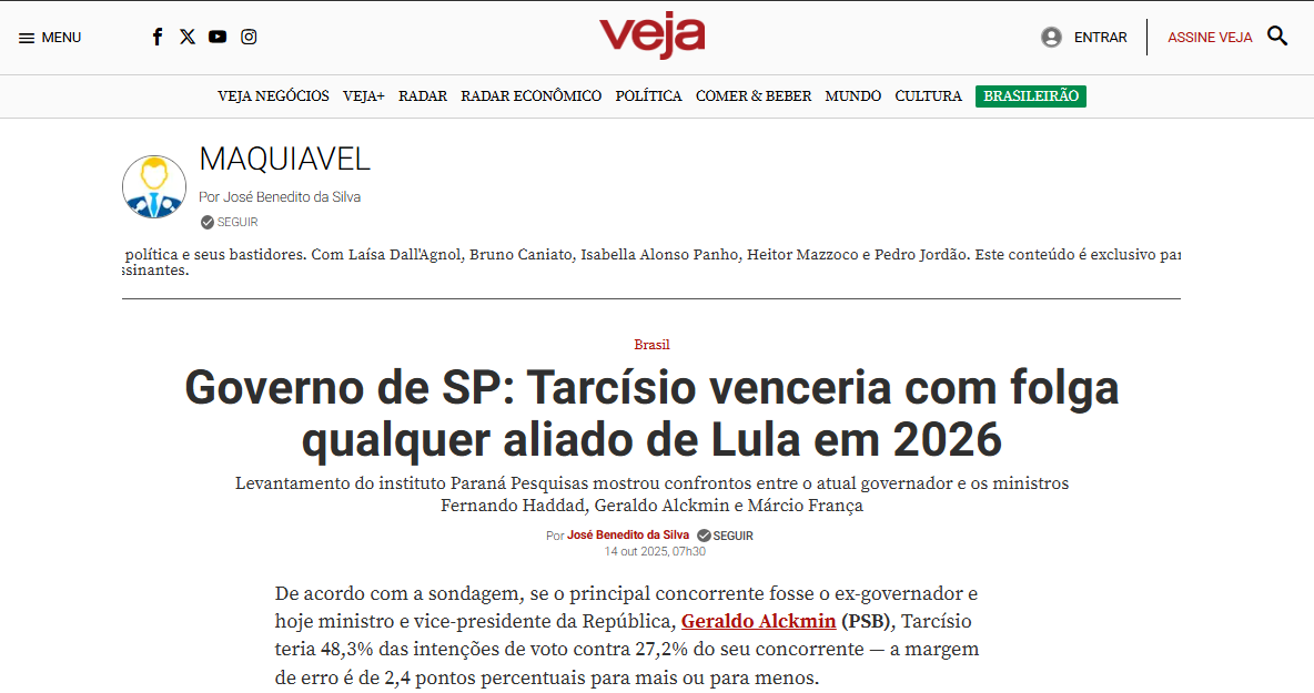 Veja cita pesquisa realizada pela Paraná Pesquisas no Estado de São Paulo.