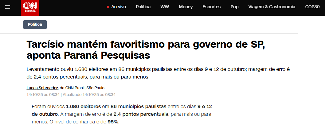 CNN Brasil cita pesquisa realizada pela Paraná Pesquisas no Estado de São Paulo.