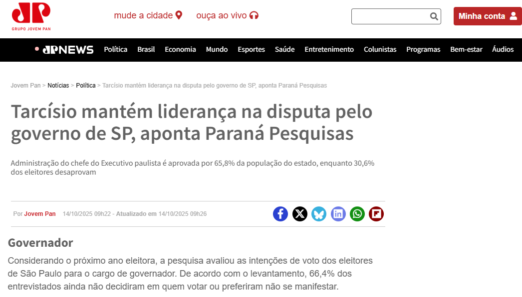 Jovem Pan cita pesquisa realizada pela Paraná Pesquisas no Estado de São Paulo. 2 Jovem Pan cita pesquisa realizada pela Paraná Pesquisas no Estado de São Paulo.
