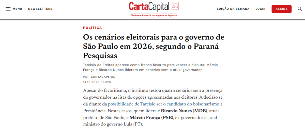 Carta Capital cita pesquisa realizada pela Paraná Pesquisas no Estado de São Paulo.