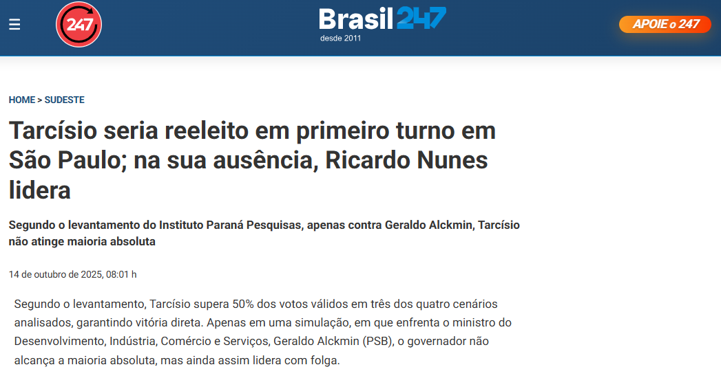 Brasil 247 cita pesquisa realizada pela Paraná Pesquisas no Estado de São Paulo.