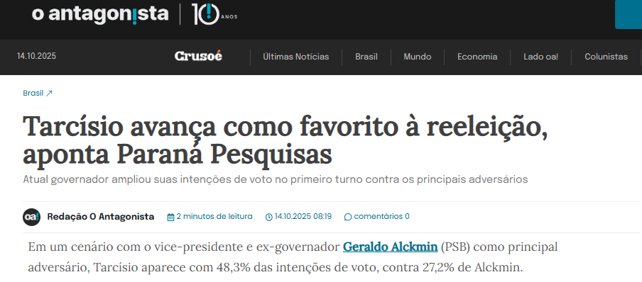 O Antagonista cita pesquisa realizada pela Paraná Pesquisas no Estado de São Paulo. 2 O Antagonista cita pesquisa realizada pela Paraná Pesquisas no Estado de São Paulo.