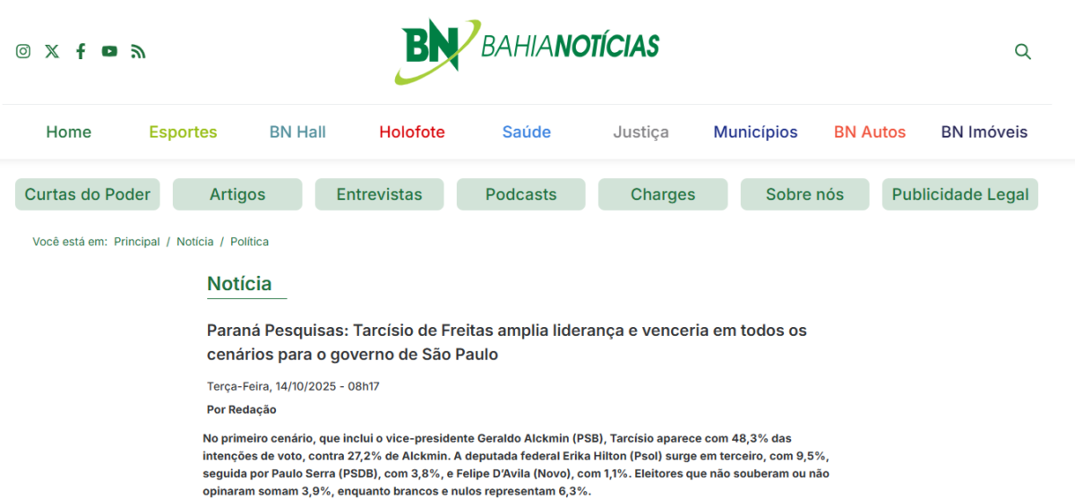 Bahia Notícias cita pesquisa realizada pela Paraná Pesquisas no Estado de São Paulo. 2 Bahia Notícias cita pesquisa realizada pela Paraná Pesquisas no Estado de São Paulo.