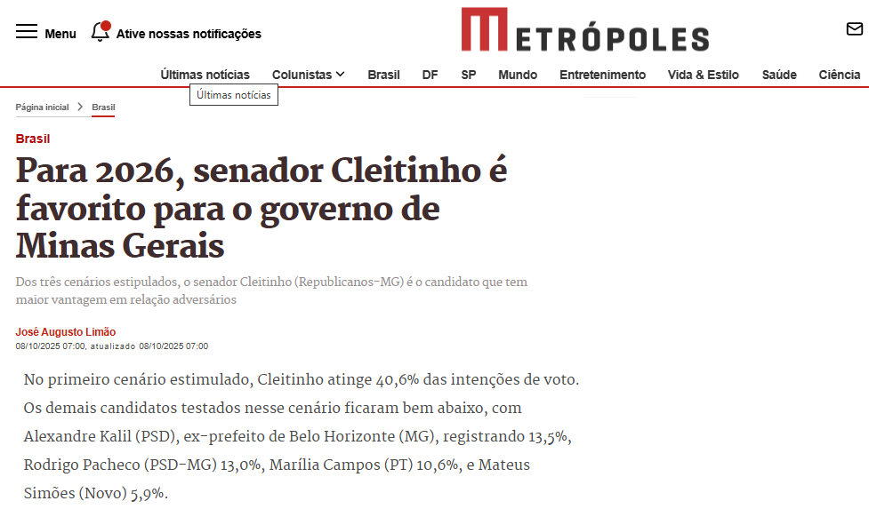 Metrópoles cita pesquisa realizada pela Paraná Pesquisas no Estado de Minas Gerais.